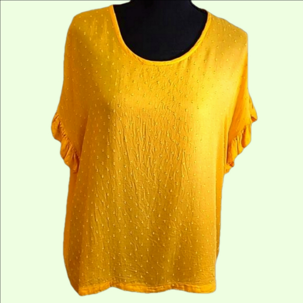 Masai. Bright yellow short sleeved top. Embroidered polka dots. Size XS.